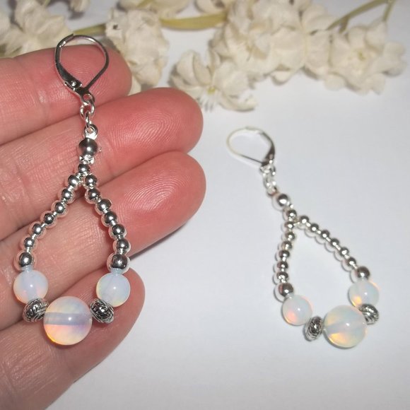 Beaded Hoop Earrings Set Faux Opal Rainbow Moonstone and Silver Teardrop 7021 - Picture 7 of 9